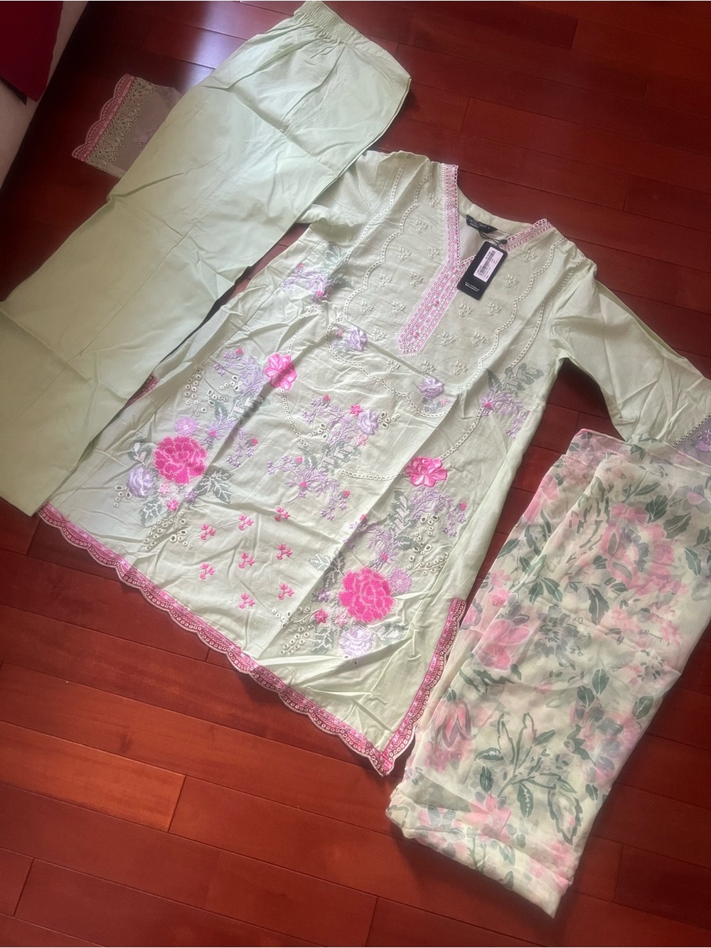 Women  Light Green Embroidered Pajama Set with Pink Floral Details